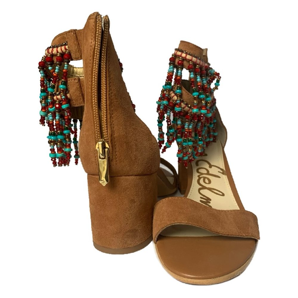 Sam Edelman Sibel Beaded Ankle Strap Sandals Block Heel Brown Tan Women's 8.5 - Picture 2 of 9